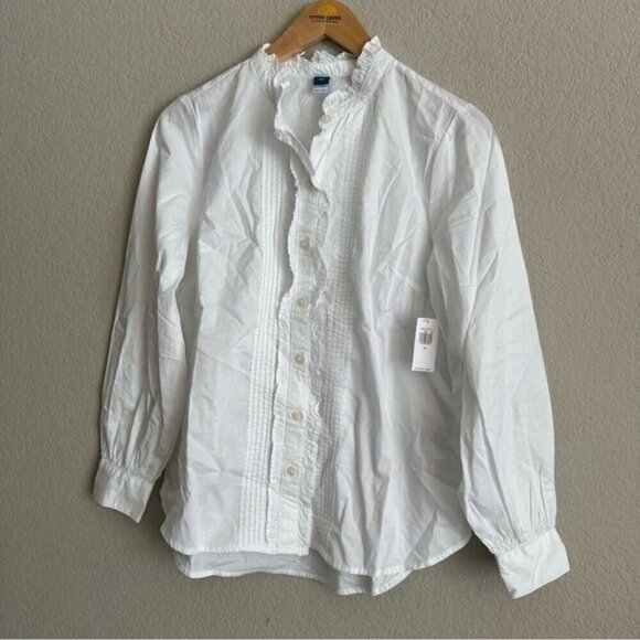 Old Navy Ruffle-Trimmed Pintucked Collarless Tuxedo Shirt White Size XS - Picture 2 of 10